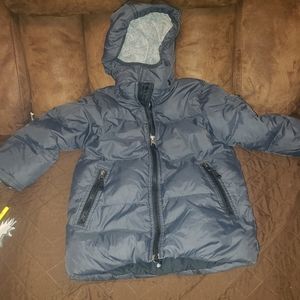 Warm gray coat detached hood.